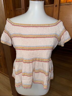 American Eagle size Large L women’s Striped Smocked Peplum Top shirt blouse